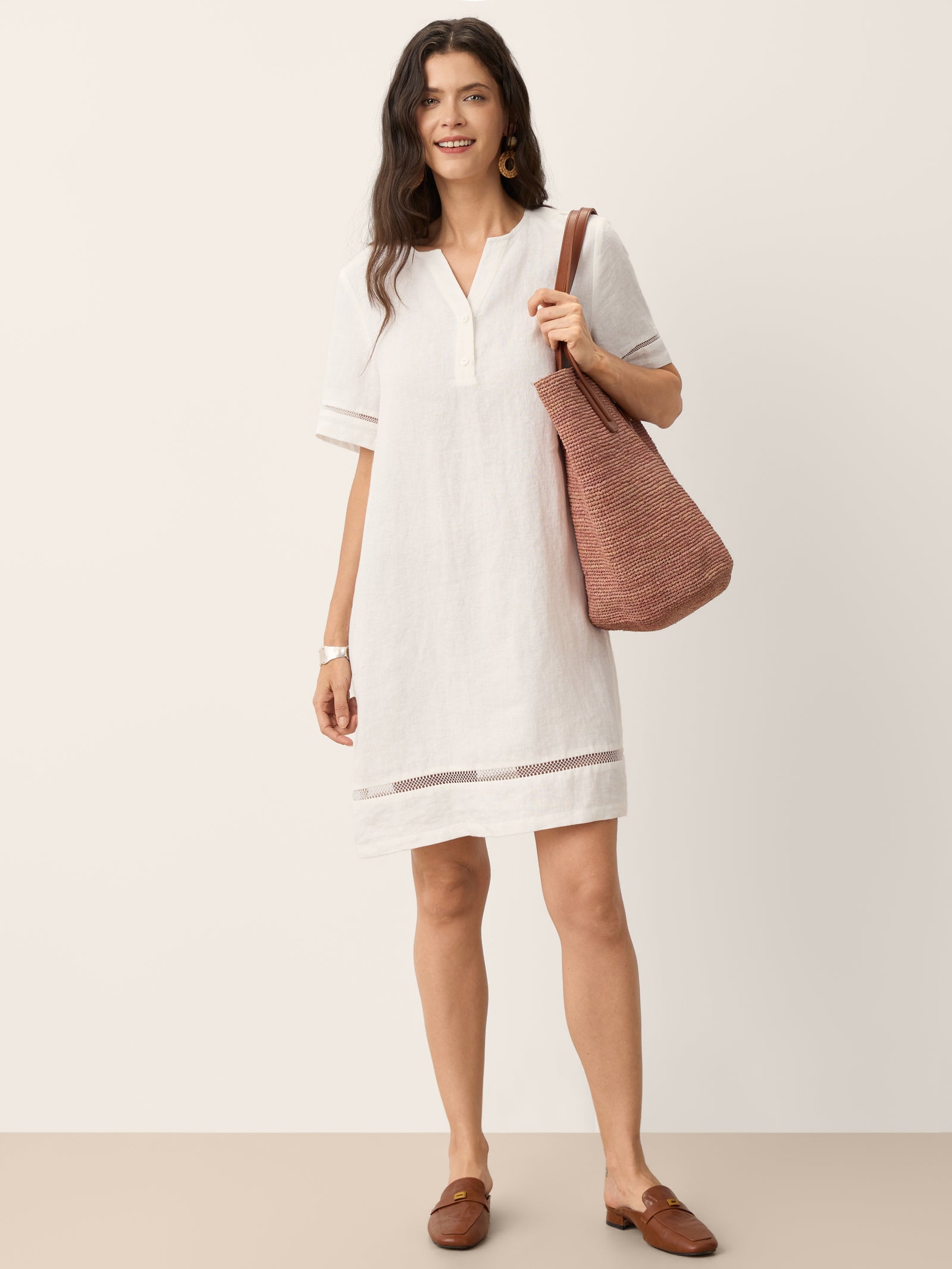 100% Linen Lace Trim Drawstring Waist Mini Dress BELLAMY by LINTICO for women