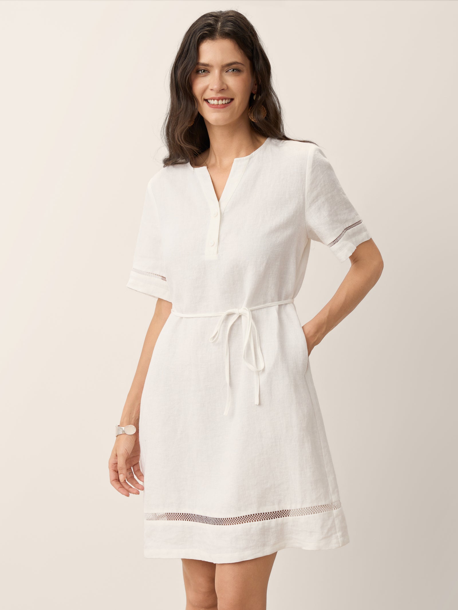 100% Linen Lace Trim Drawstring Waist Mini Dress BELLAMY by LINTICO for women