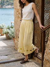 100% Linen Lattice Hem Cropped Wide Leg Pants EMMELINE by LINTICO