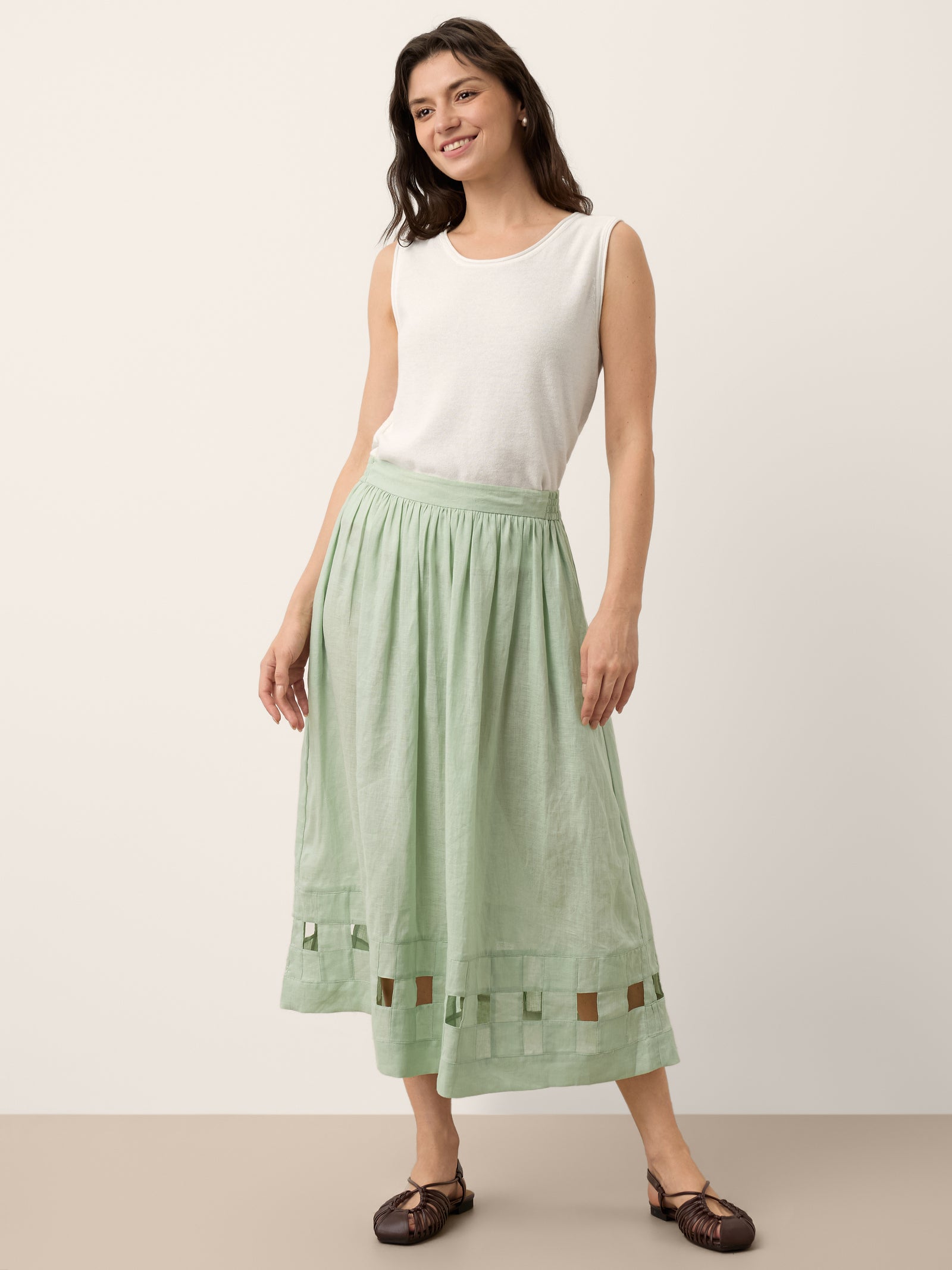 100% Linen Layered Handwoven Lattice Hem Elastic Waist Midi Skirt ALINAH by LINTICO for women