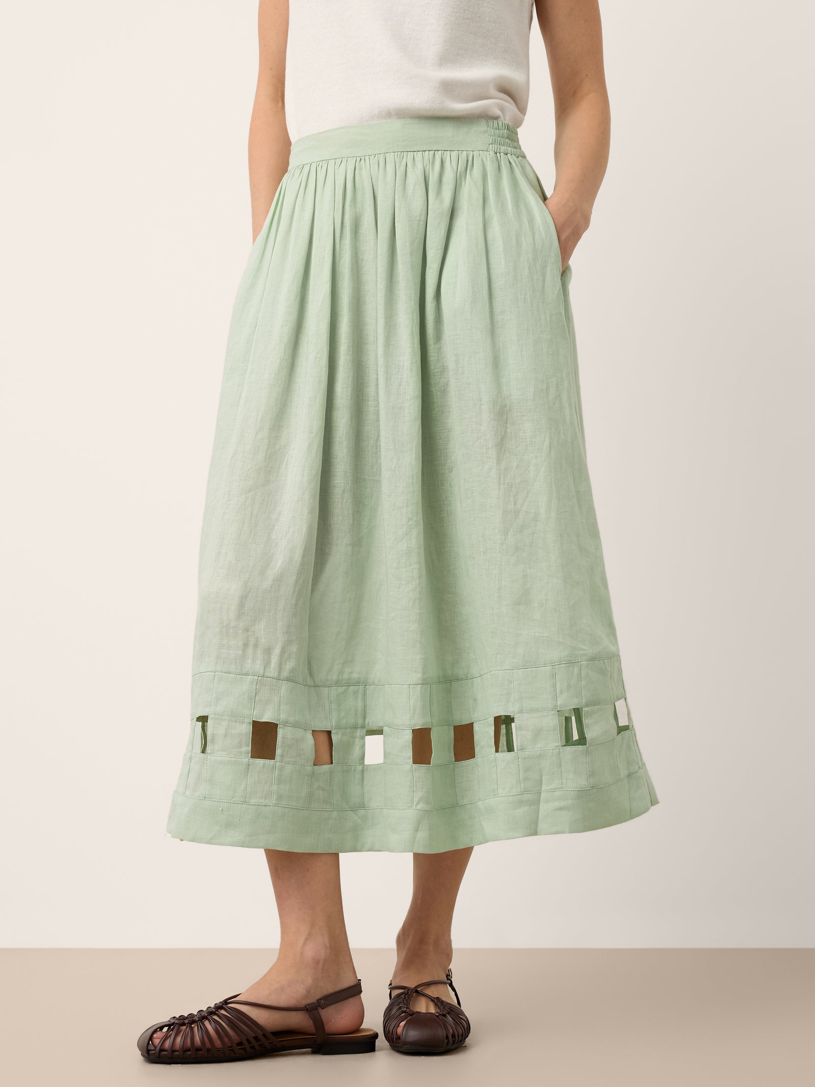 100% Linen Layered Handwoven Lattice Hem Elastic Waist Midi Skirt ALINAH by LINTICO for women