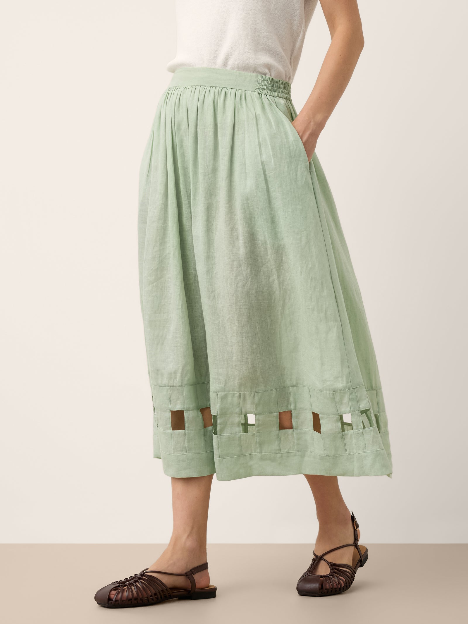 100% Linen Layered Handwoven Lattice Hem Elastic Waist Midi Skirt ALINAH by LINTICO for women