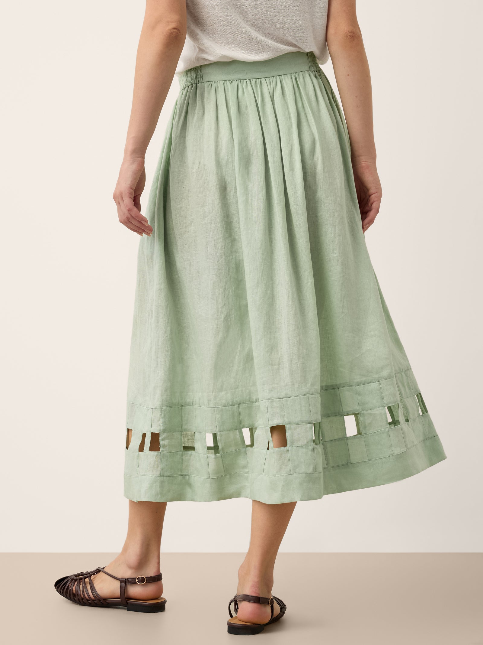 100% Linen Layered Handwoven Lattice Hem Elastic Waist Midi Skirt ALINAH by LINTICO for women