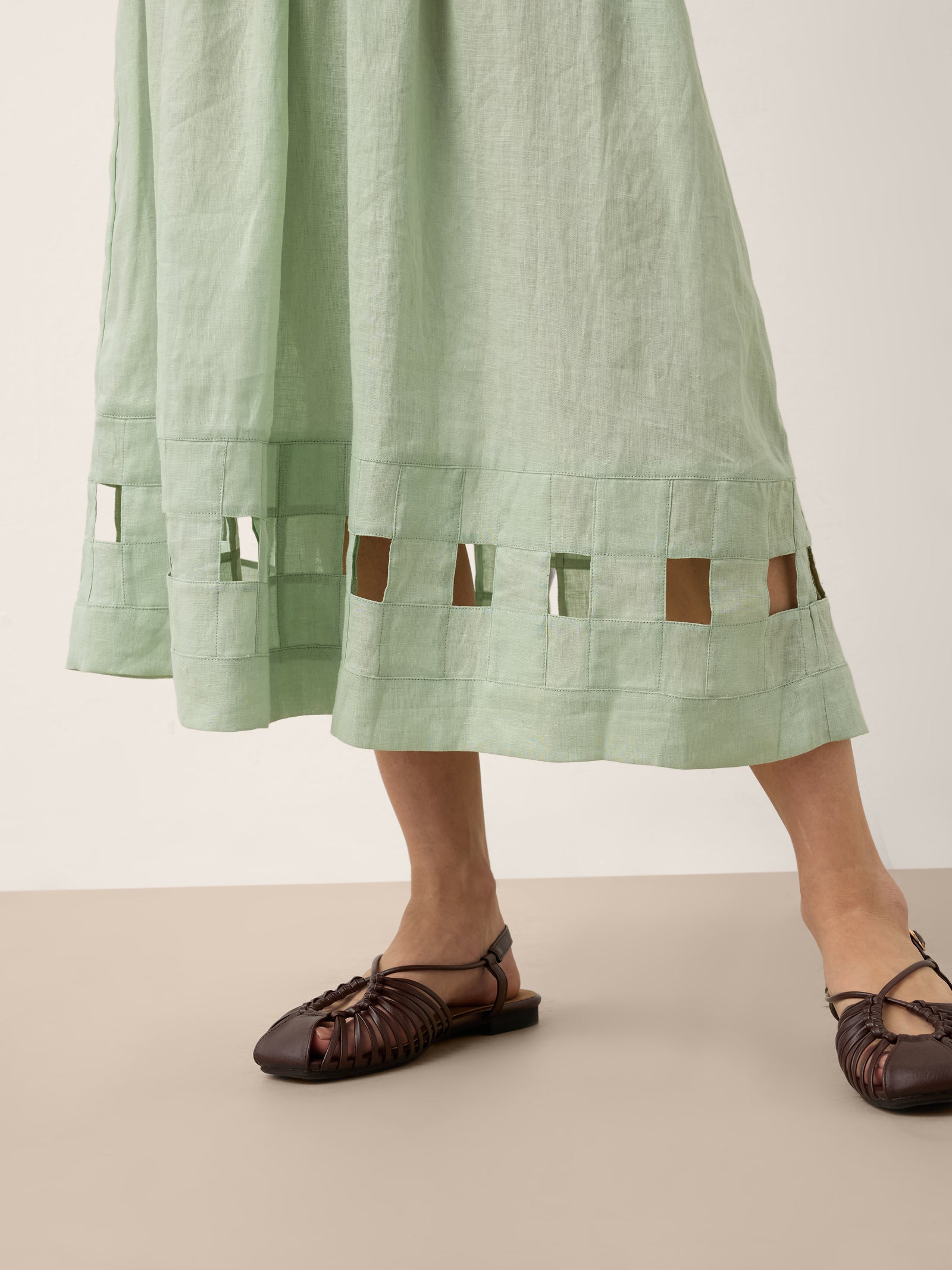 100% Linen Layered Handwoven Lattice Hem Elastic Waist Midi Skirt ALINAH by LINTICO for women
