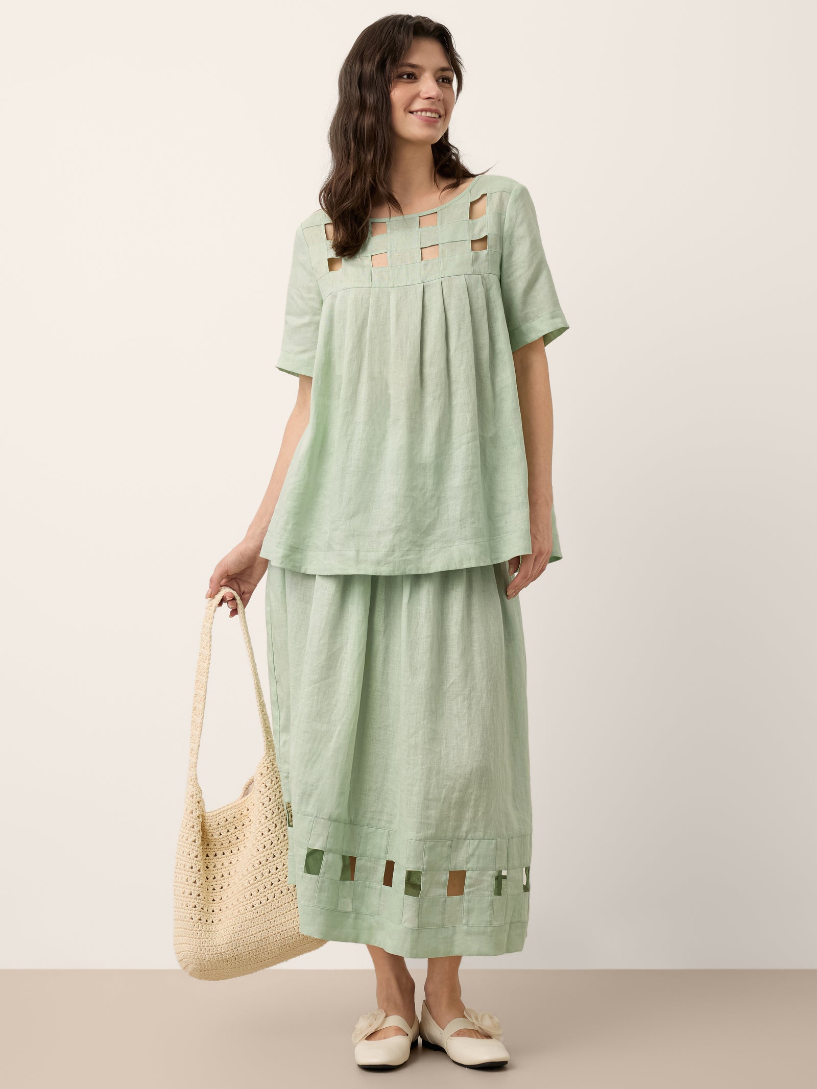 100% Linen Layered Handwoven Lattice Hem Elastic Waist Midi Skirt ALINAH by LINTICO for women