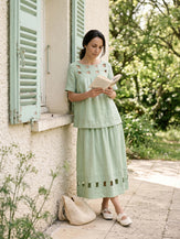 100% Linen Layered Handwoven Lattice Hem Elastic Waist Midi Skirt ALINAH by LINTICO for women