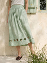 100% Linen Layered Handwoven Lattice Hem Elastic Waist Midi Skirt ALINAH by LINTICO for women