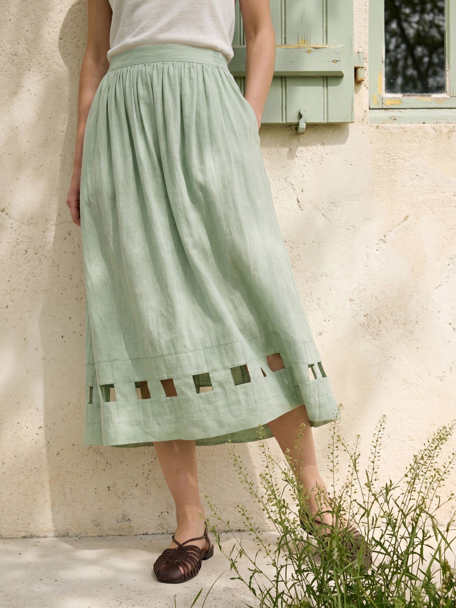100% Linen Layered Handwoven Lattice Hem Elastic Waist Midi Skirt ALINAH by LINTICO for women