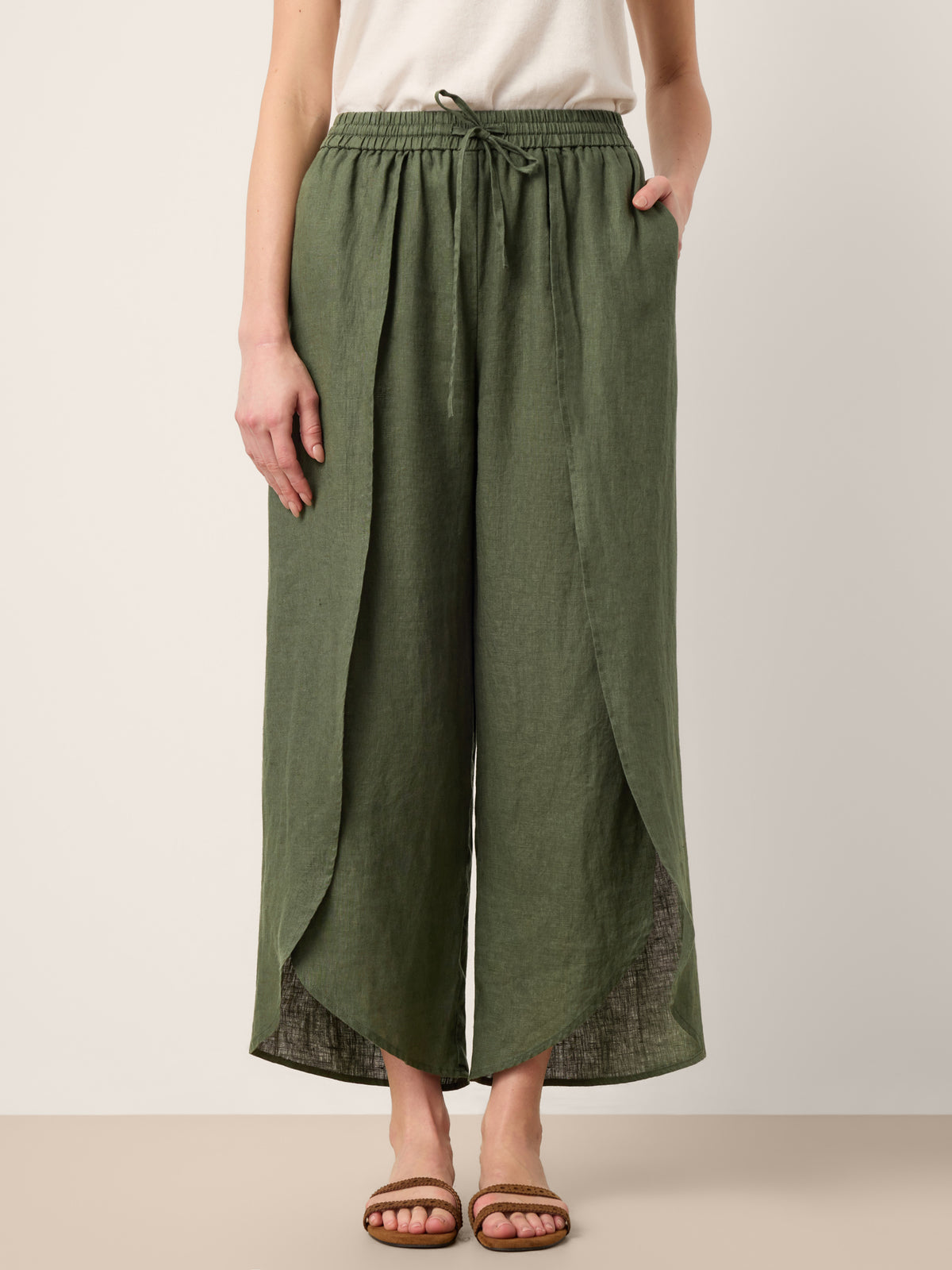 100% Linen Layered Slit Wide Leg Drawstring Pants PEREGRINE