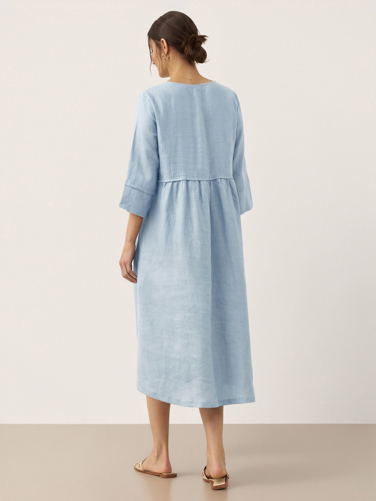100% Linen Loose Fit Button Waist Gathered Maxi Dress LUNA, Baby Blue / L 100% Linen Loose Fit Button Waist Gathered Maxi Dress LUNA, Baby Blue / L