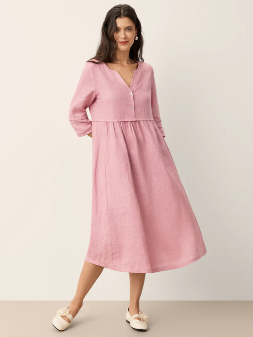100% Linen Loose Fit Button Waist Gathered Midi Dress LUNA