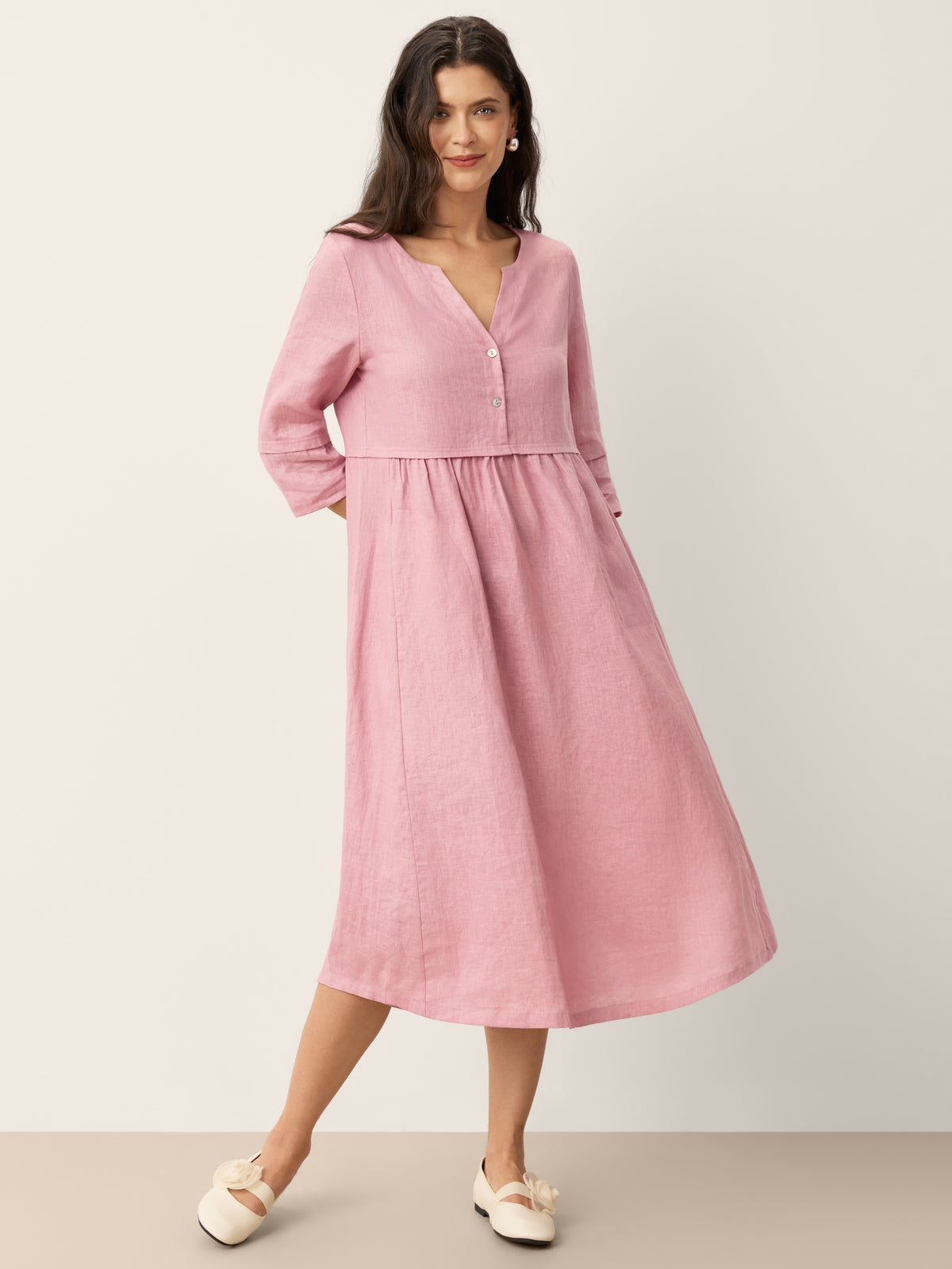 100% Linen Loose Fit Button Waist Gathered Midi Dress LUNA by LINTICO for women