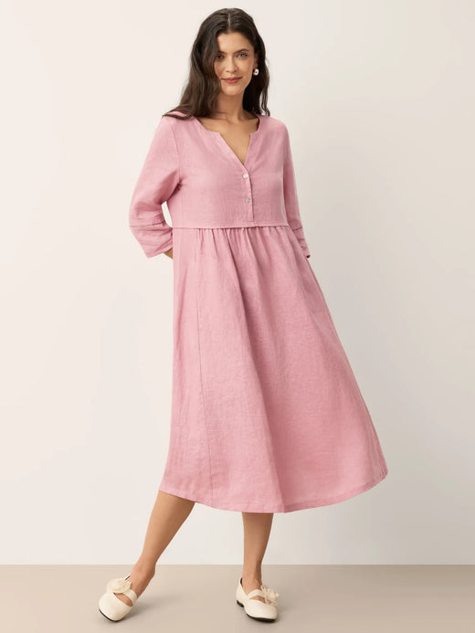 100% Linen Loose Fit Button Waist Gathered Midi Dress LUNA