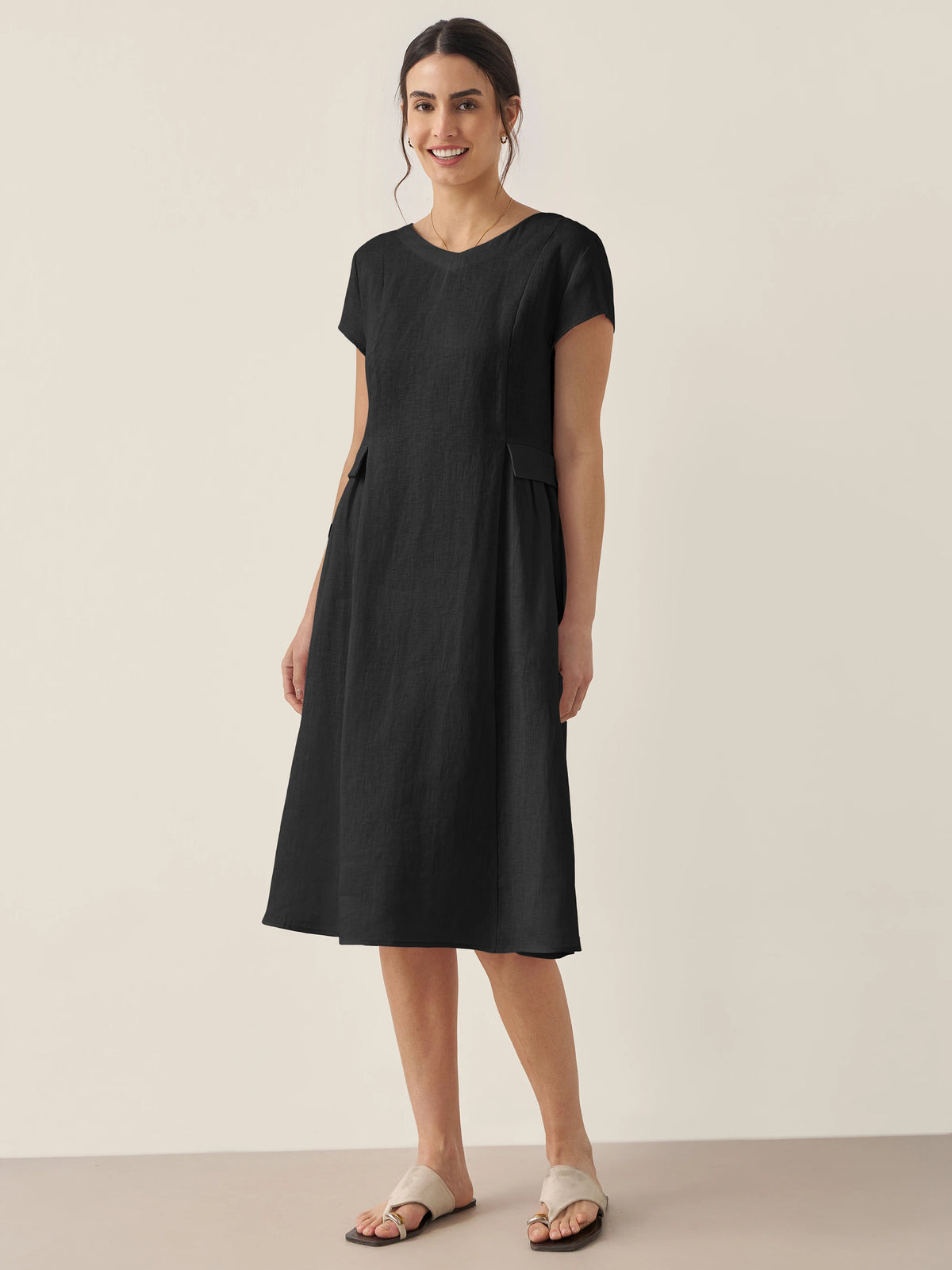 100% Linen Natural Summer V Neck Dress ALEXA