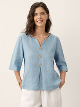 100% Linen Split Neck Inverted Pleat Top TABITHA by LINTICO for women