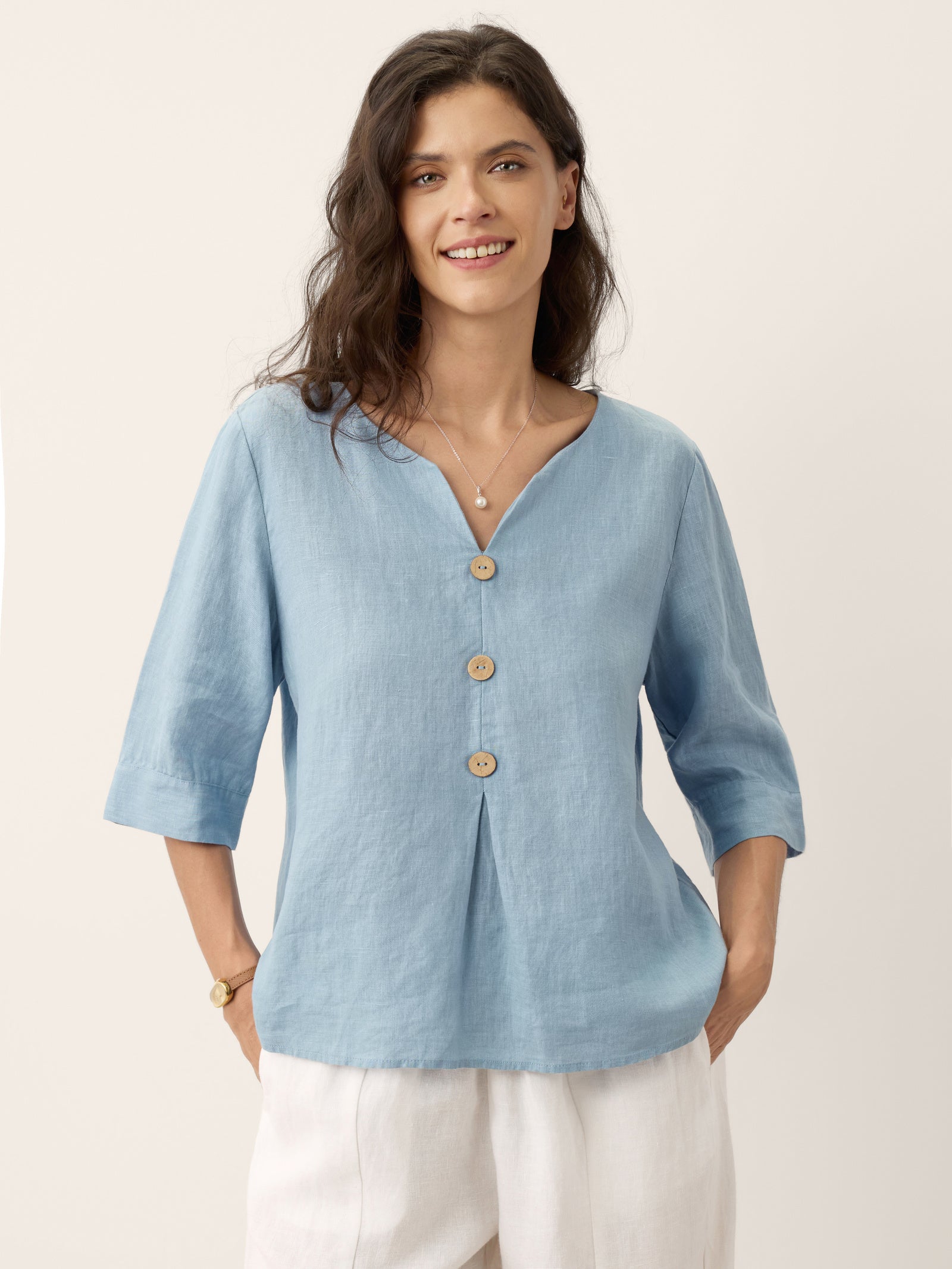 100% Linen Split Neck Inverted Pleat Top TABITHA by LINTICO for women