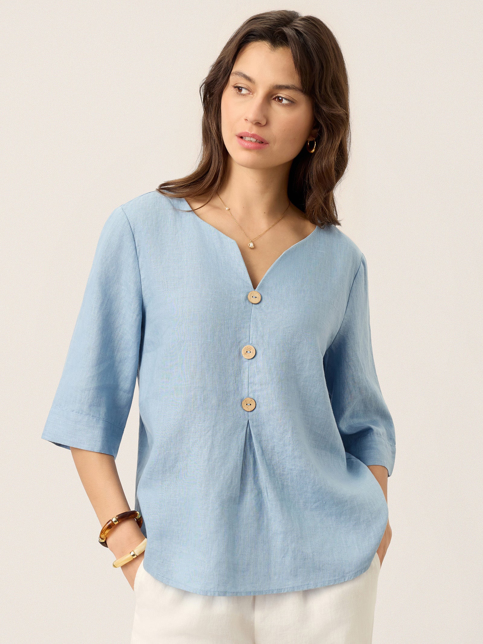 100% Linen Split Neck Inverted Pleat Top TABITHA