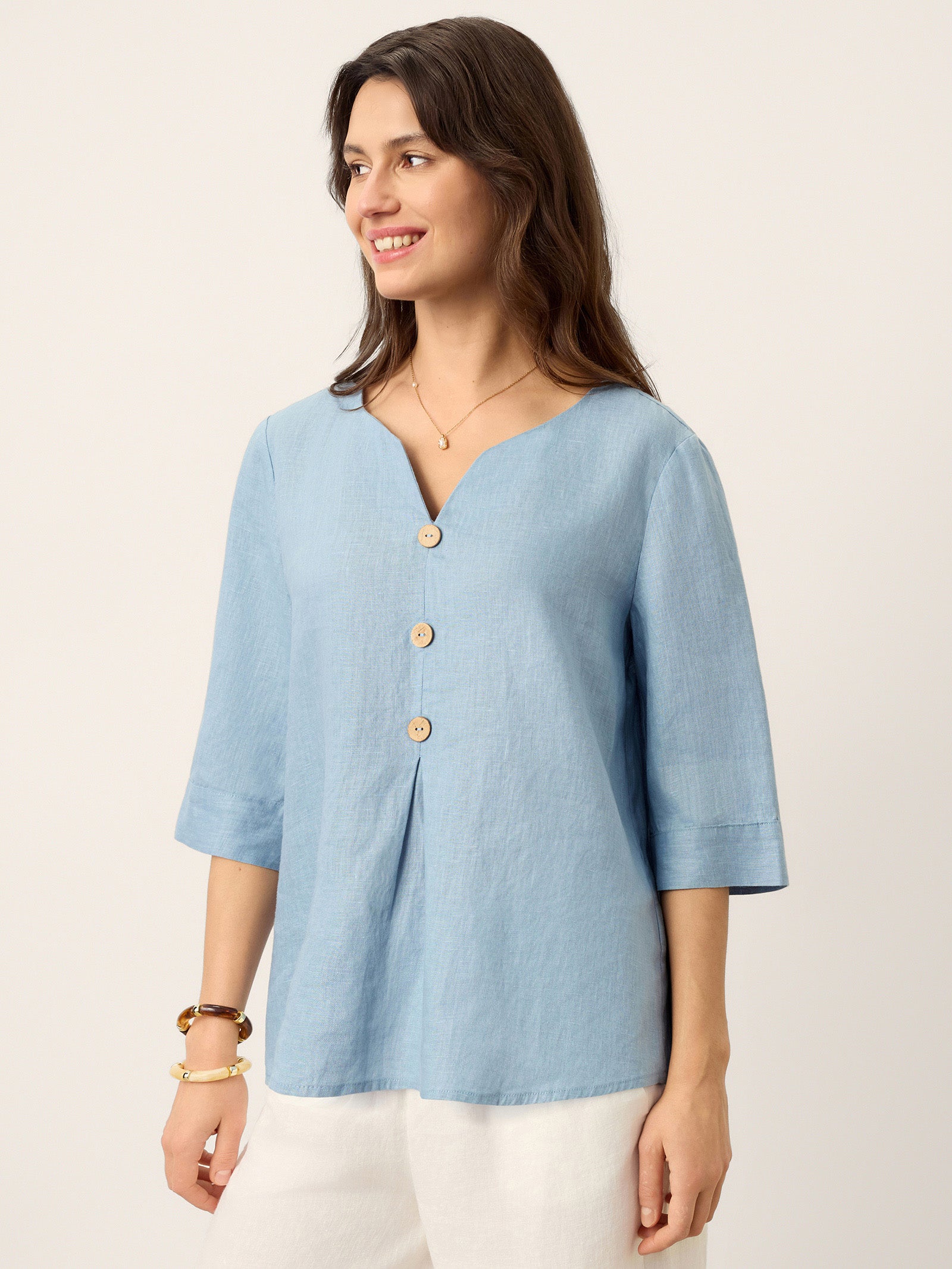 100% Linen Split Neck Inverted Pleat Top TABITHA