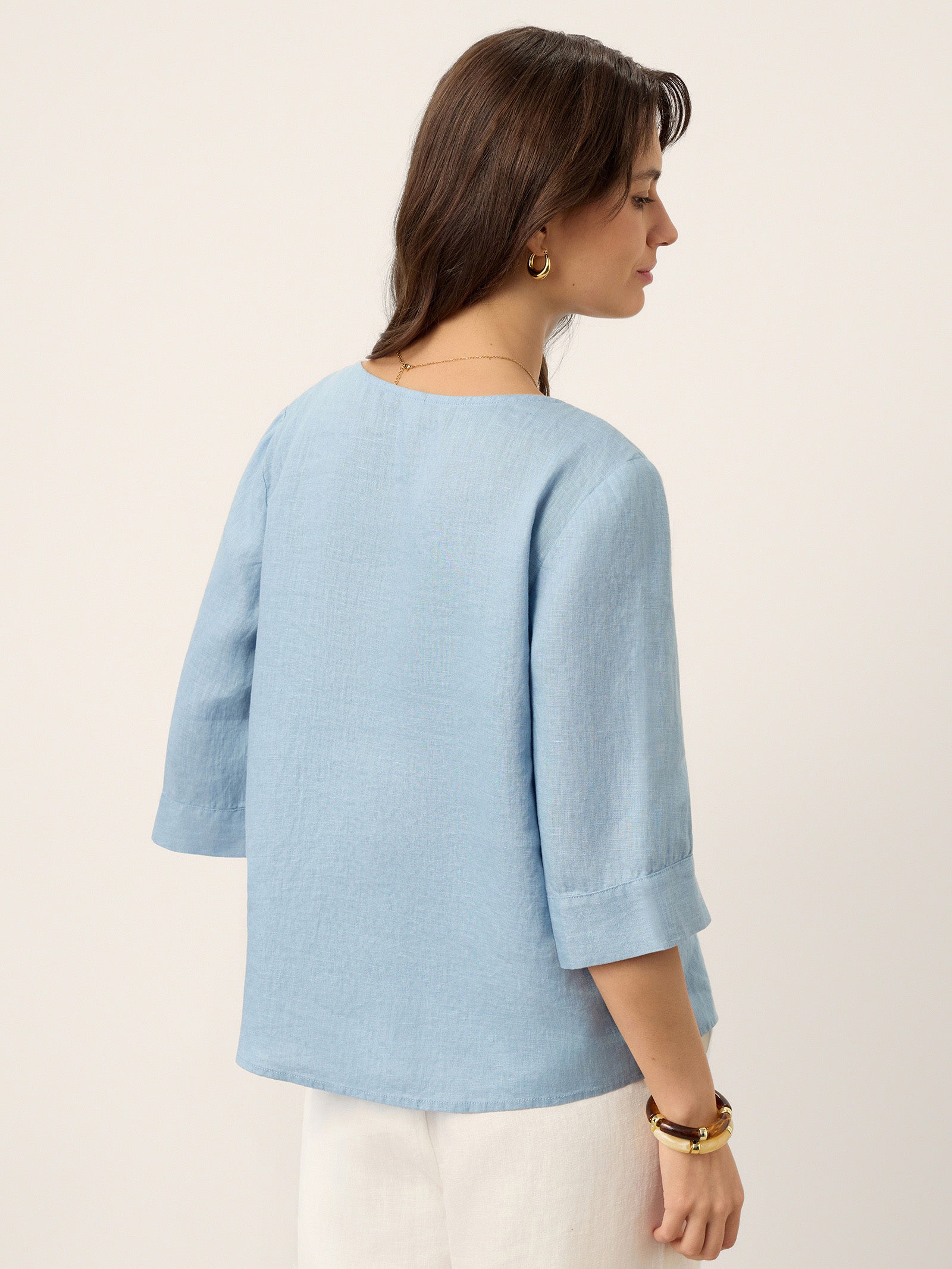 100% Linen Split Neck Inverted Pleat Top TABITHA