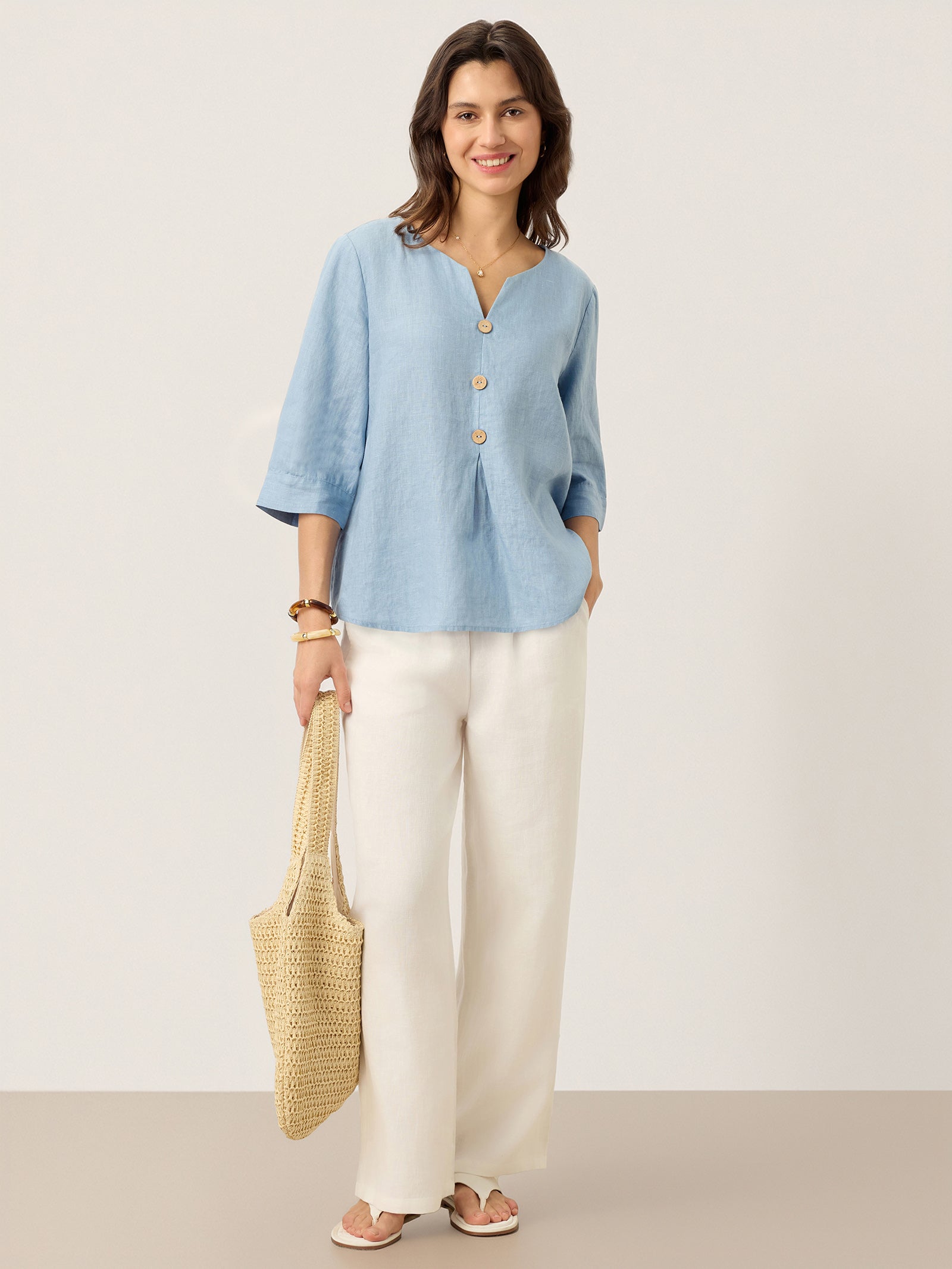 100% Linen Split Neck Inverted Pleat Top TABITHA