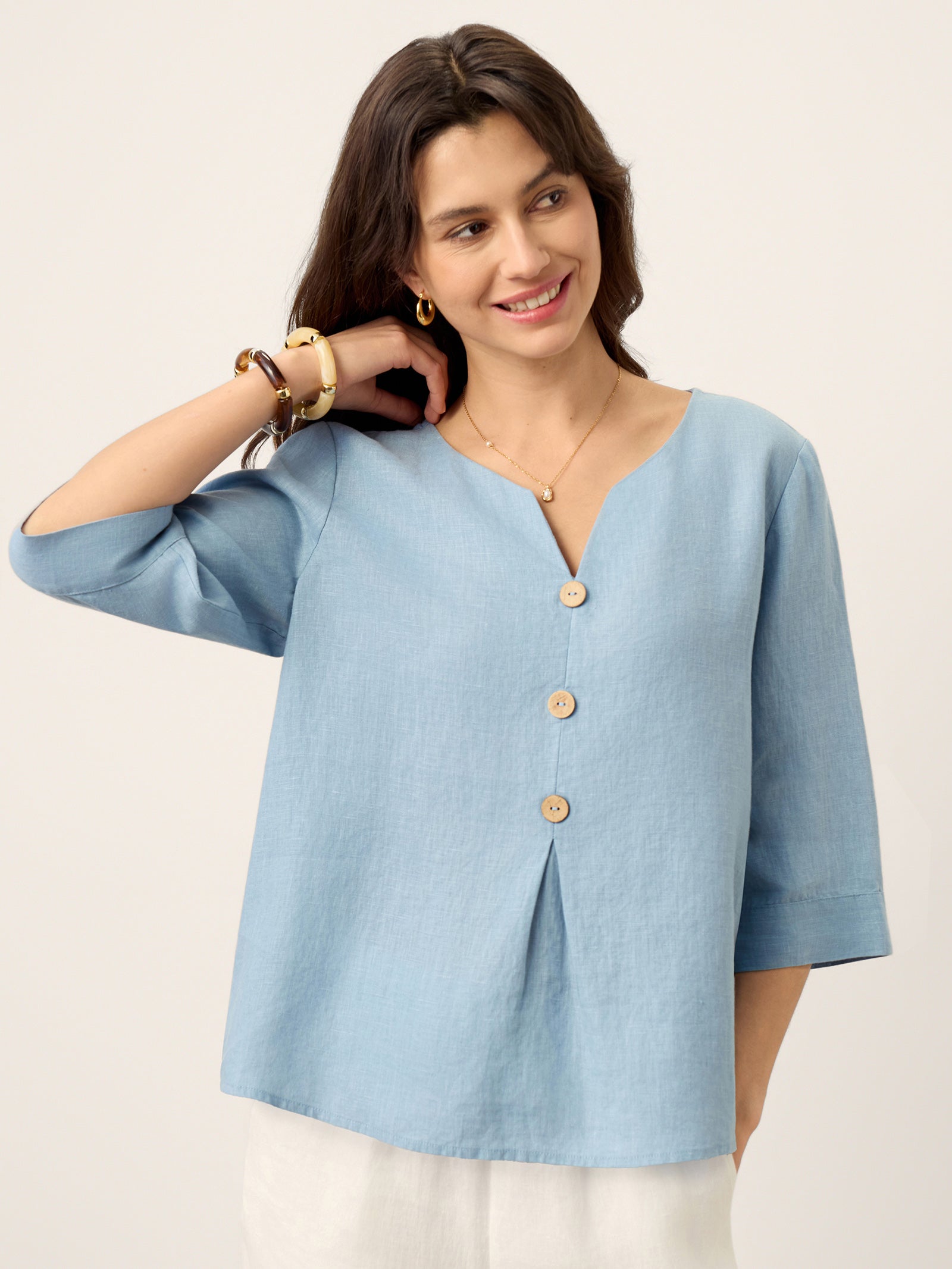 100% Linen Split Neck Inverted Pleat Top TABITHA