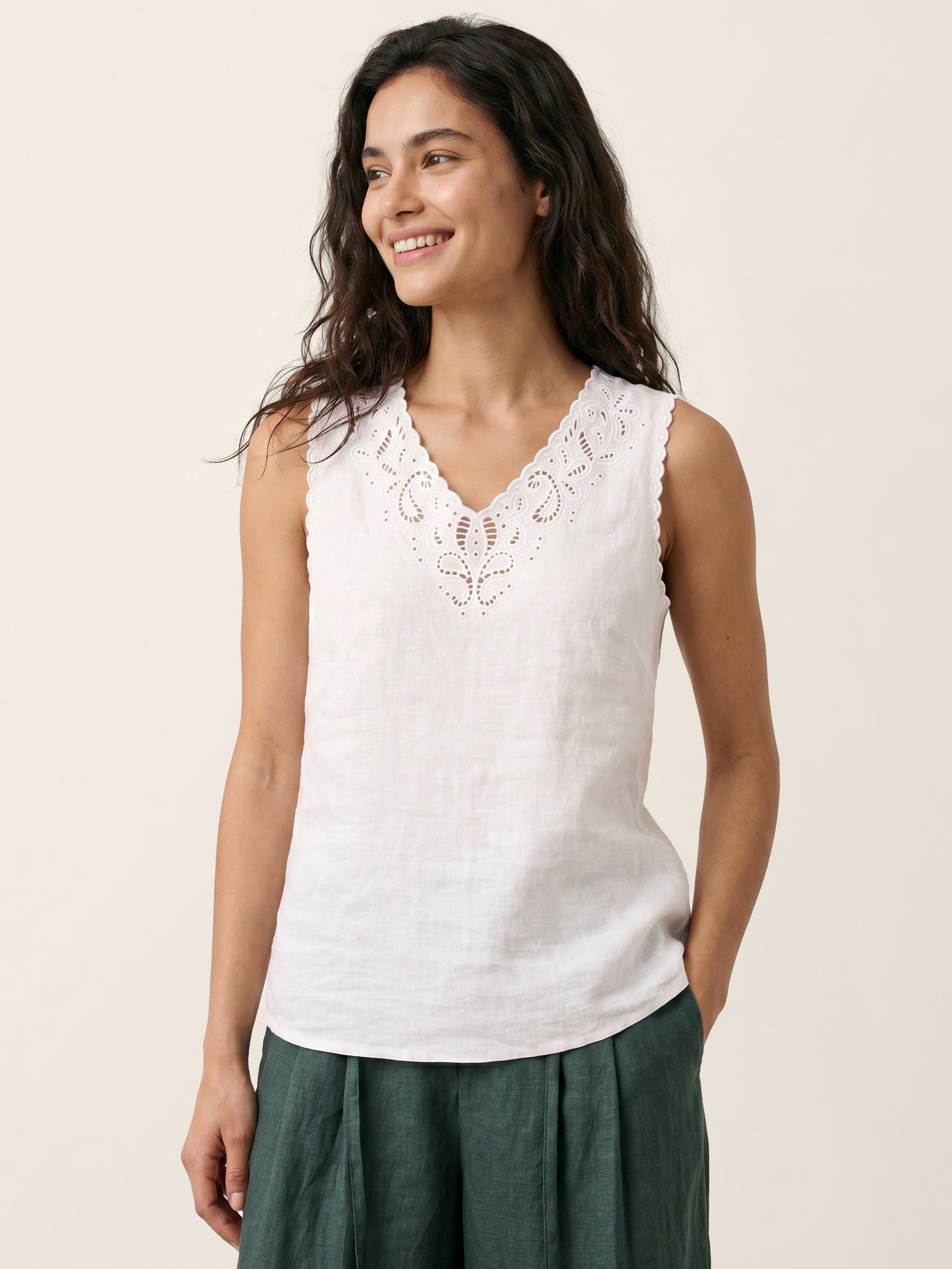 100% Linen Paisley Cutwork V Neck Tank WAVERLY by LINTICO