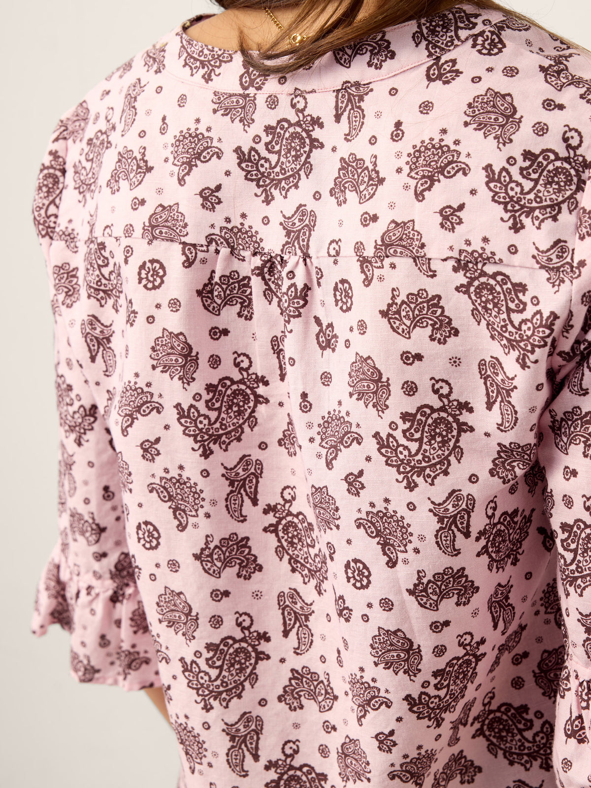 Linen Paisley Pintucked Ruffle-Cuff Curved Hem Blouse ILARIA by LINTICO for women