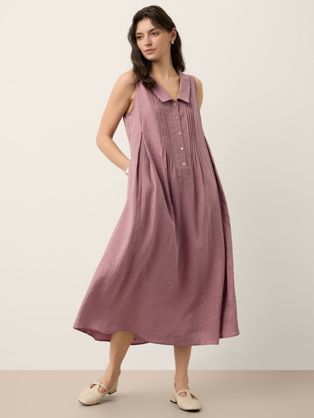 100% Linen Peter Pan Collar Pintuck Midi Dress LIANNA