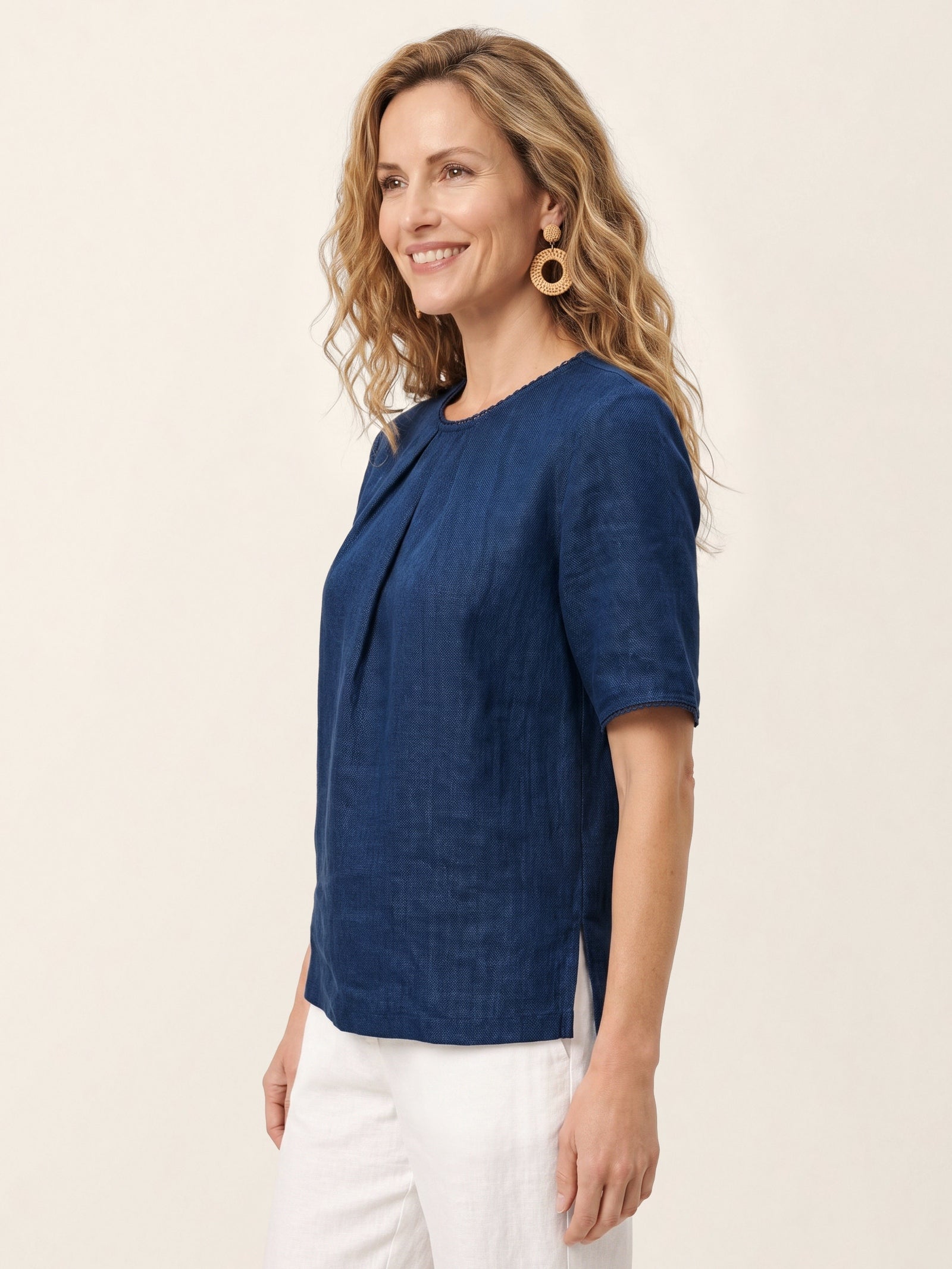 Linen Pintuck Lace Trim Back Button Top SELMA by LINTICO