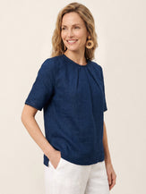 Linen Pintuck Lace Trim Back Button Top SELMA by LINTICO
