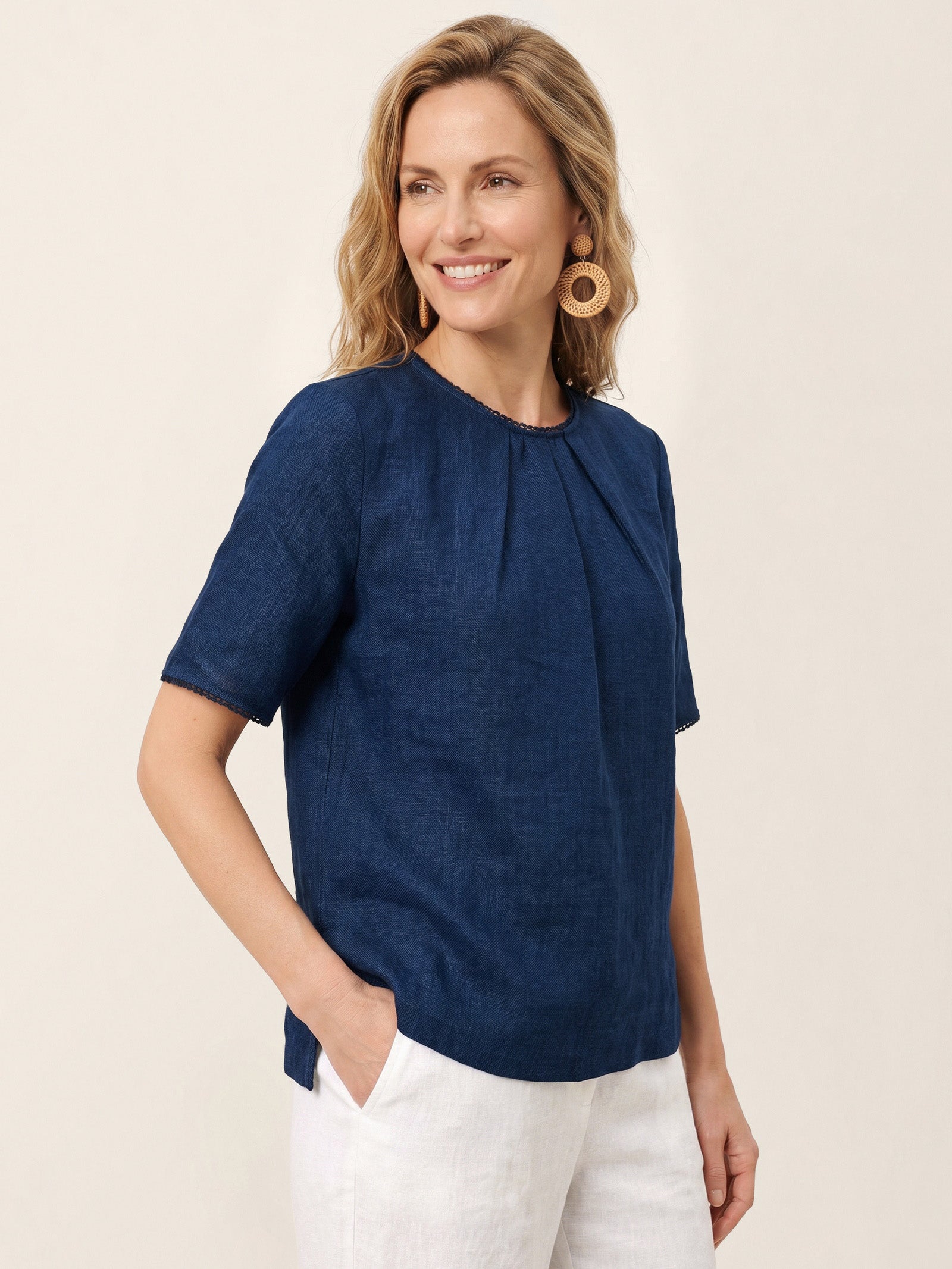 Linen Pintuck Lace Trim Back Button Top SELMA by LINTICO