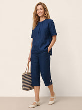 Linen Pintuck Lace Trim Back Button Top SELMA by LINTICO