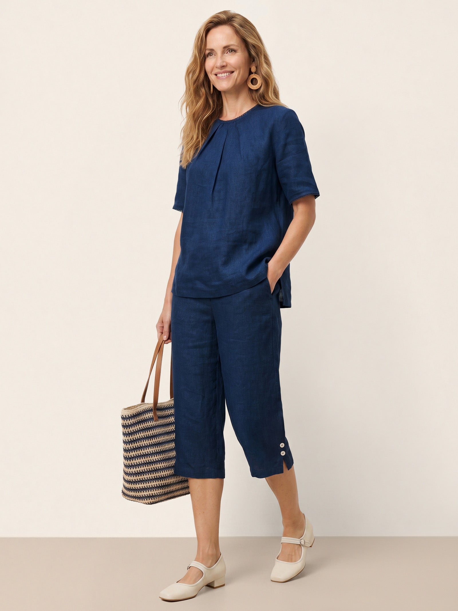 Linen Pintuck Lace Trim Back Button Top SELMA by LINTICO