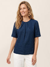 Linen Pintuck Lace Trim Back Button Top SELMA by LINTICO