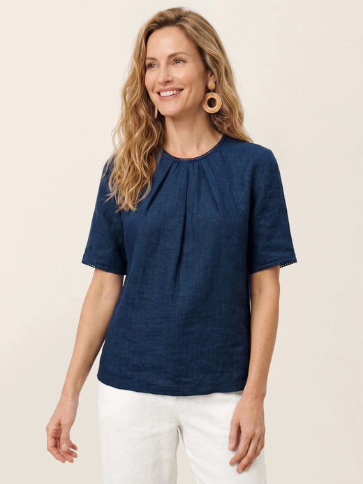 Linen Pintuck Lace Trim Back Button Top SELMA