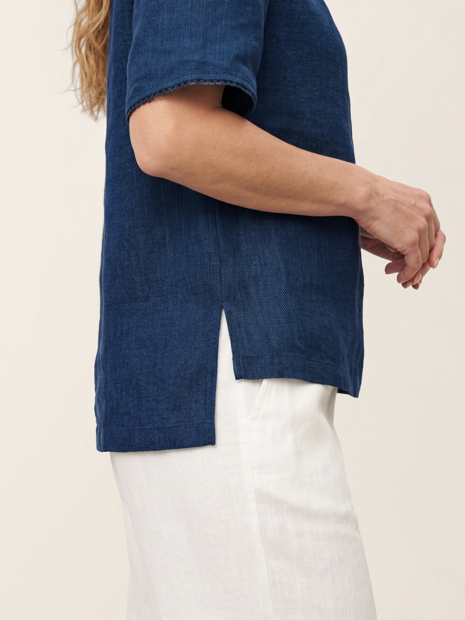 Linen Pintuck Lace Trim Back Button Top SELMA by LINTICO