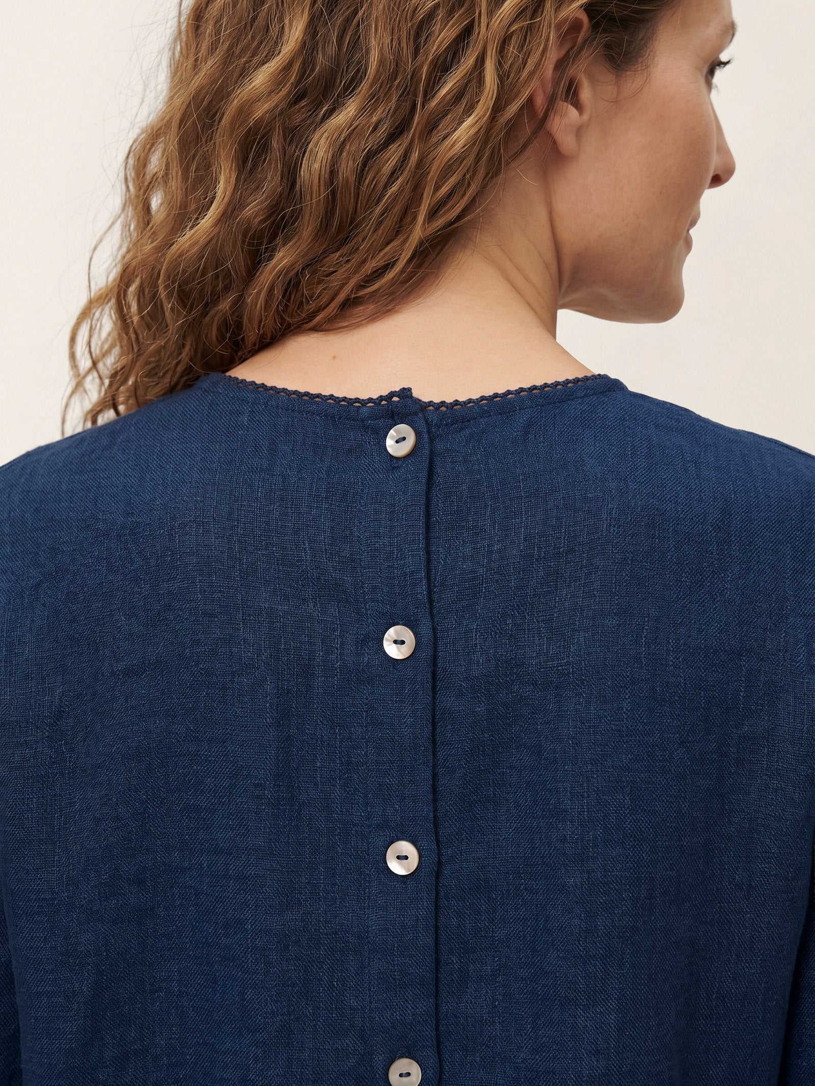 Linen Pintuck Lace Trim Back Button Top SELMA by LINTICO