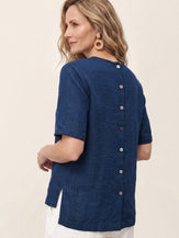 Linen Pintuck Lace Trim Back Button Top SELMA by LINTICO