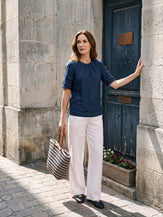 Linen Pintuck Lace Trim Back Button Top SELMA by LINTICO