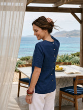 Linen Pintuck Lace Trim Back Button Top SELMA by LINTICO