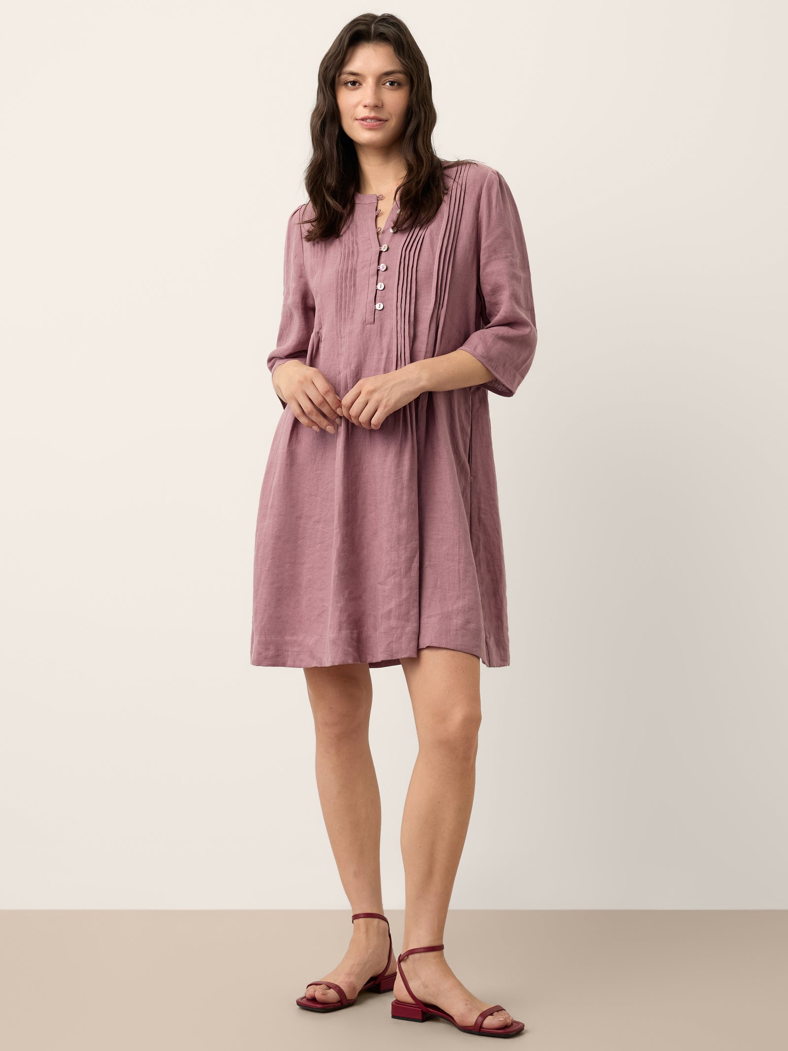 100% Linen Pintuck Puff Sleeve Mini Dress LENORA by LINTICO for women