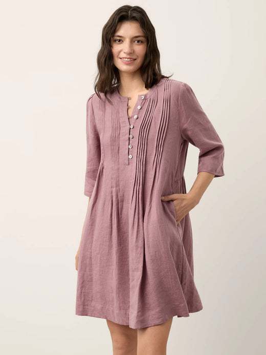 100% Linen Pintuck Puff Sleeve Mini Dress LENORA