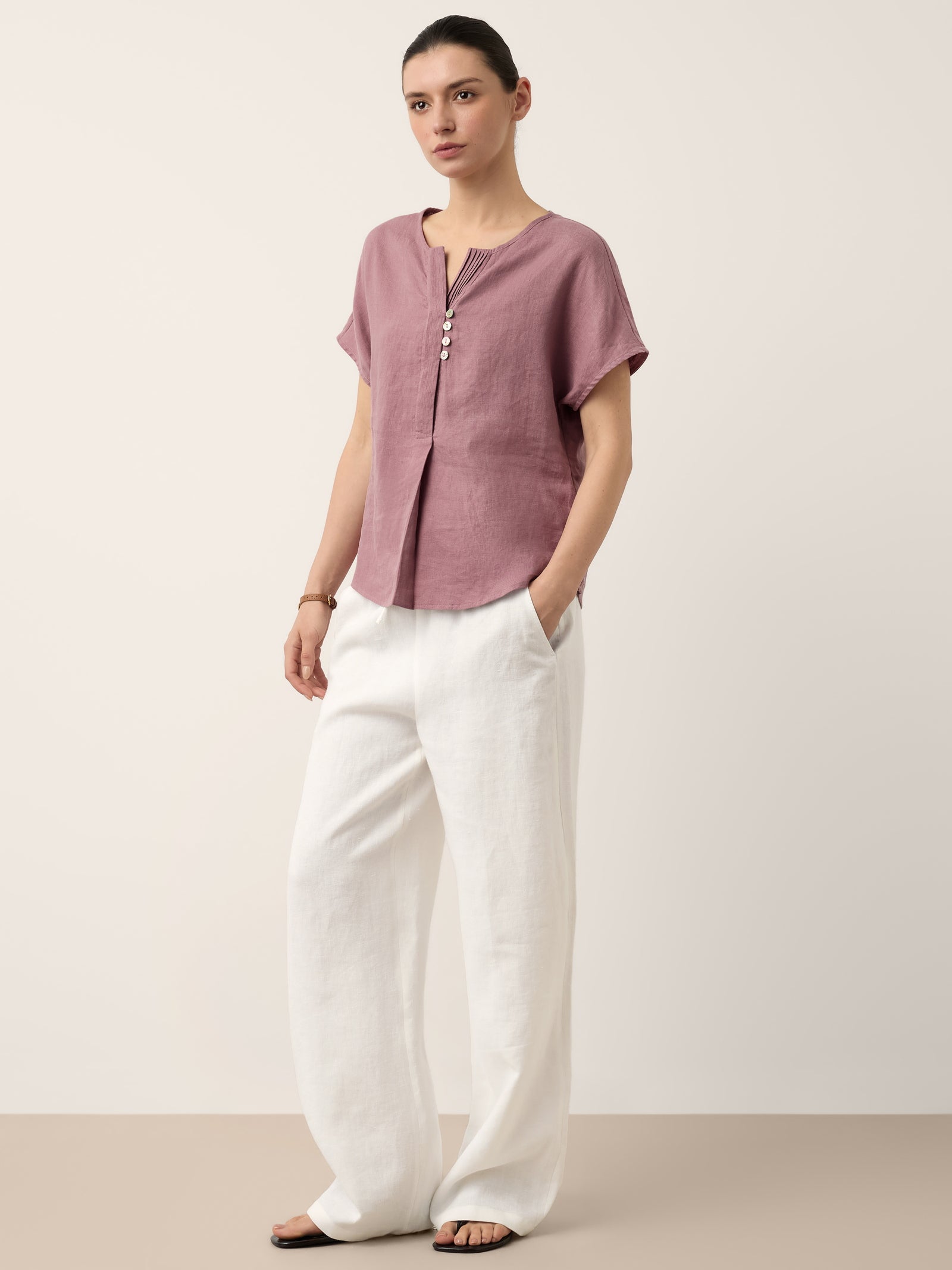100% Linen Pintuck Shell Button Top ISOBEL by LINTICO