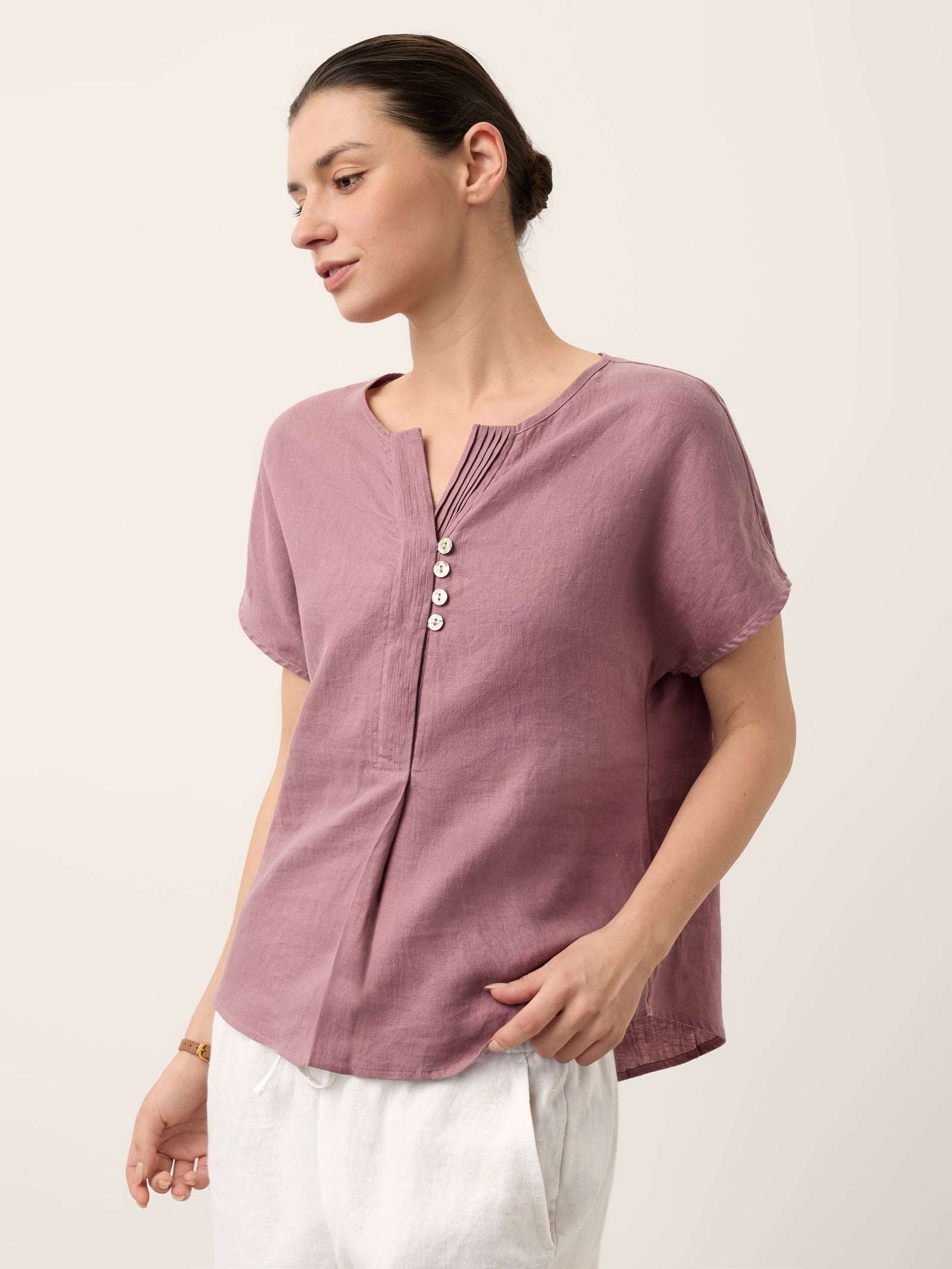 100% Linen Pintuck Shell Button Top ISOBEL by LINTICO