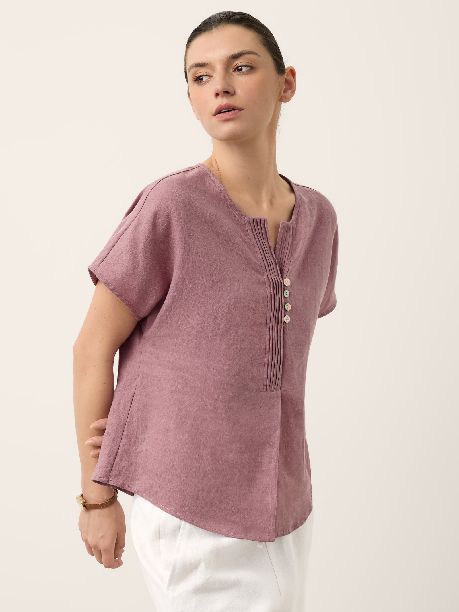100% Linen Pintuck Shell Button Top ISOBEL by LINTICO