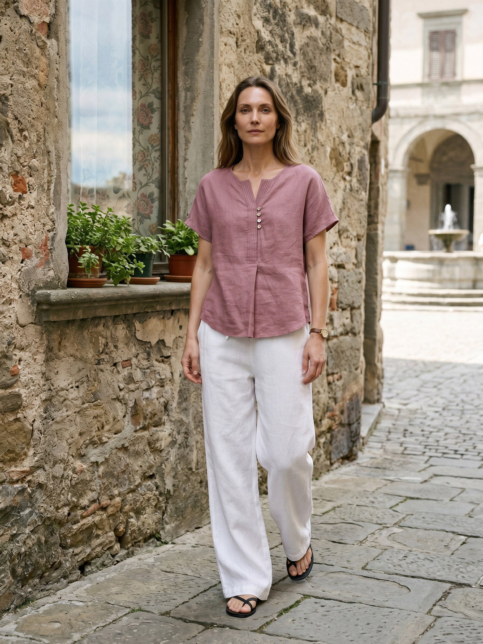 100% Linen Pintuck Shell Button Top ISOBEL by LINTICO