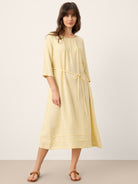 100% Linen Pintucked Embroidered Adjustable Belt Tiered Midi Dress VERENA by LINTICO for women