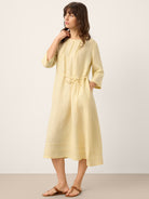 100% Linen Pintucked Embroidered Adjustable Belt Tiered Midi Dress VERENA by LINTICO for women