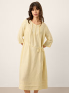 100% Linen Pintucked Embroidered Adjustable Belt Tiered Midi Dress VERENA by LINTICO for women