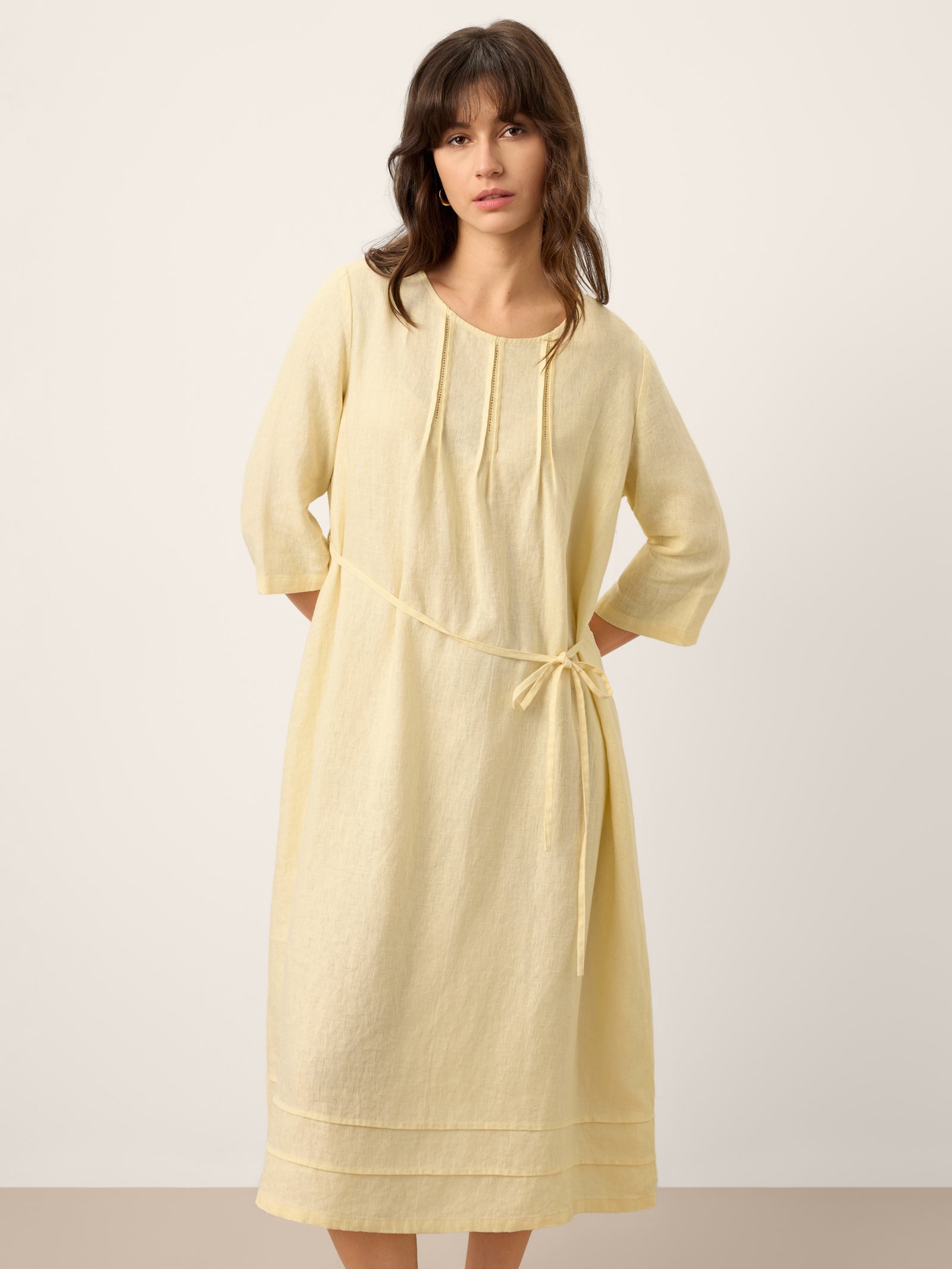 100% Linen Pintucked Embroidered Adjustable Belt Tiered Midi Dress VERENA by LINTICO for women